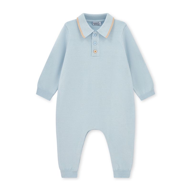 Mitch &amp; Son Mini Boys Blue Knitted Polo Romper with Logo