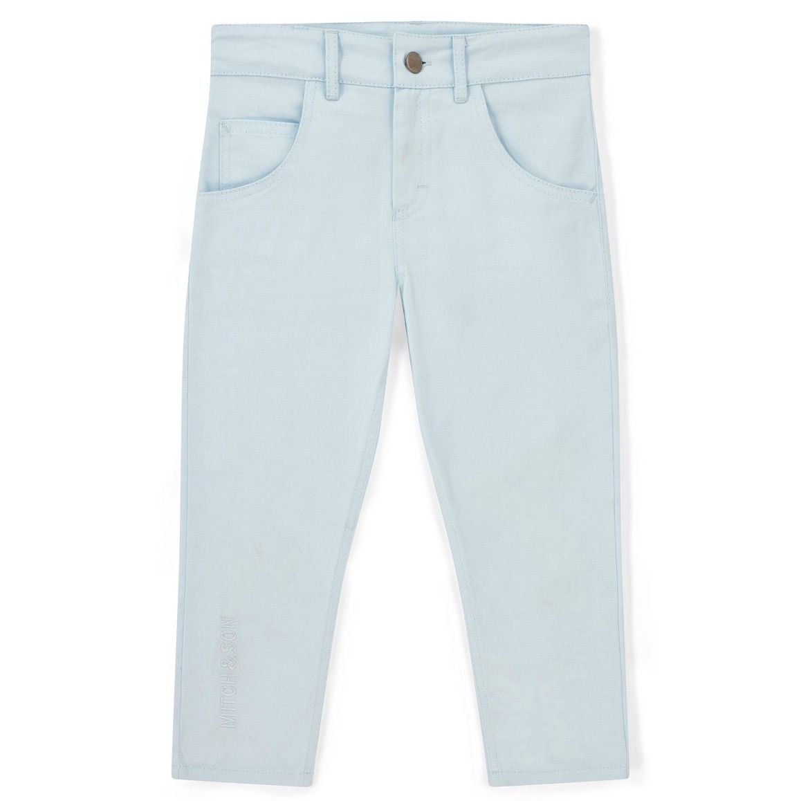 Mitch &amp; Son Boys Blue Twill Trousers with Logo on One Leg