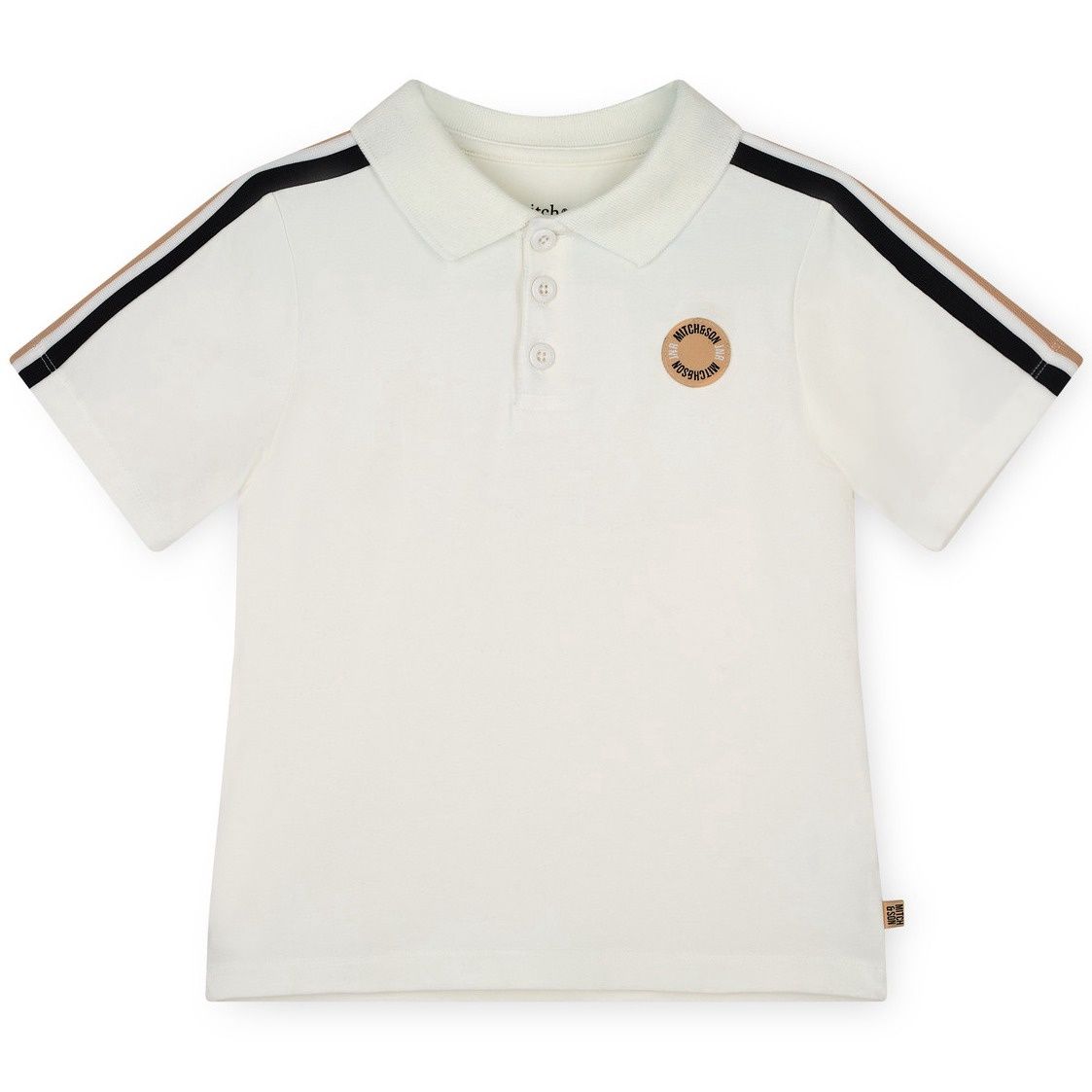 Mitch &amp; Son Boys White Short Sleeved Polo T-Shirt with Tape Striped Sleeves &amp; Logo Badge