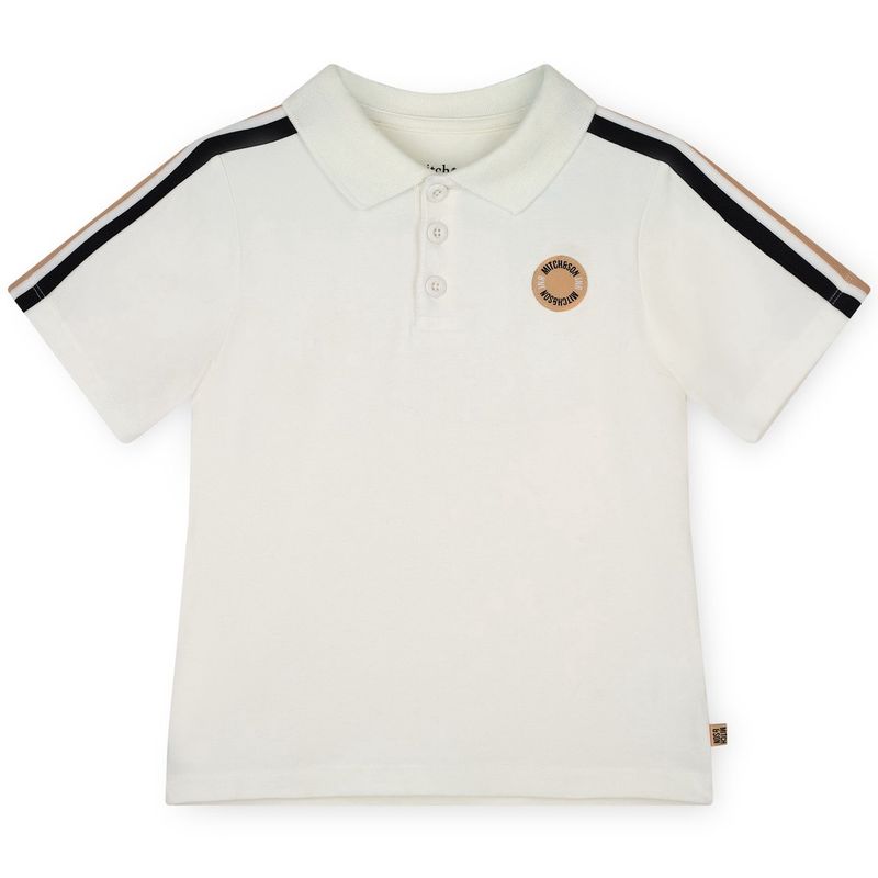 Mitch &amp; Son Boys White Short Sleeved Polo T-Shirt with Tape Striped Sleeves &amp; Logo Badge