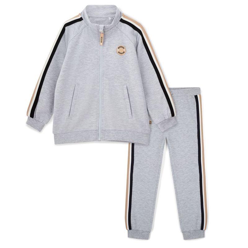 Mitch &amp; Son Boys Grey Melange Zipper Tracksuit with Stripes Down Sleeves &amp; Legs &amp; Logo Badge on Chest