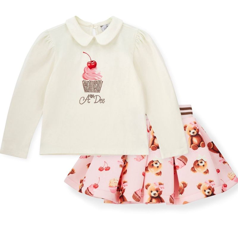 A'dee Girls White Collared Top with Cupcake Print &amp; Pink Bear Printed Skirt