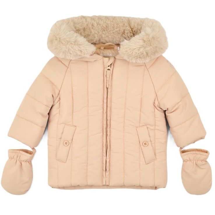Mitch &amp; Son Mini Boys Beige Padded Coat with Detachable Mitts &amp; Fur Lined Hood