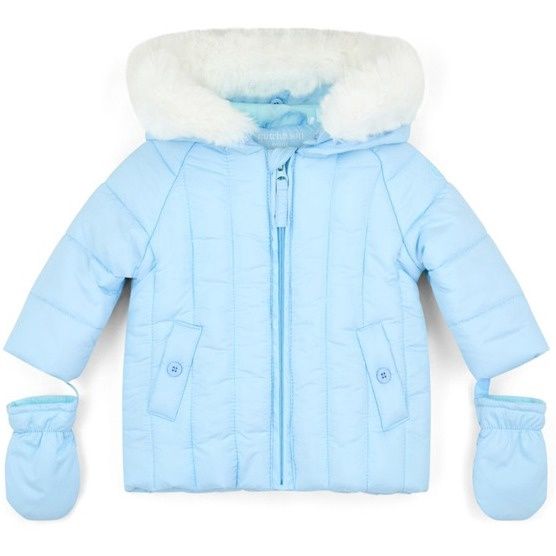 Mitch &amp; Son Mini Boys Blue Padded Coat with Detachable Mitts &amp; Fur Lined Hood