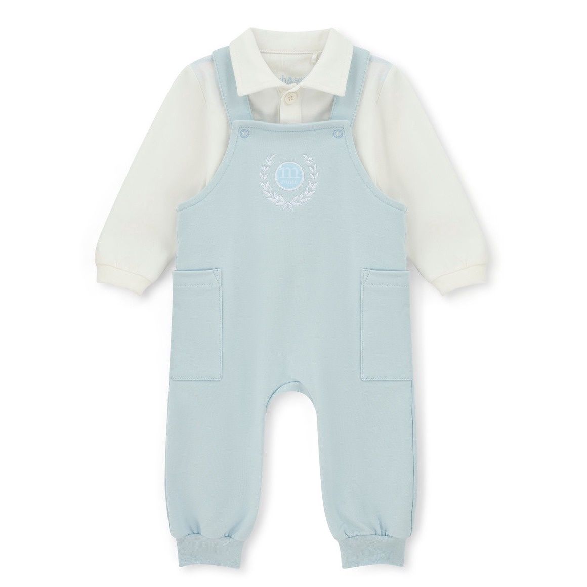 Mitch &amp; Son Mini Boys Blue Dungarees with Logo on Front &amp; Matching White Collared Top