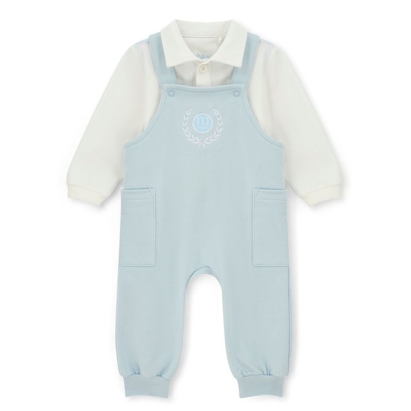Mitch &amp; Son Mini Boys Blue Dungarees with Logo on Front &amp; Matching White Collared Top