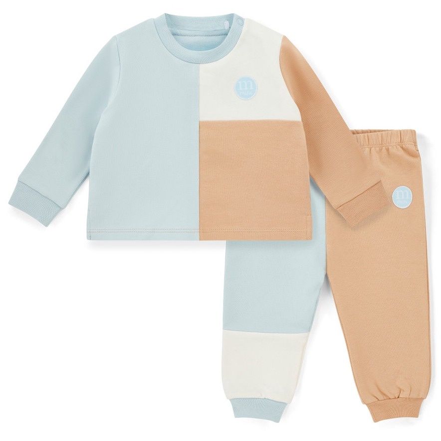 Mitch &amp; Son Mini Boys Blue/Beige/White Cut 'n' Sew Crewneck Tracksuit with Logo