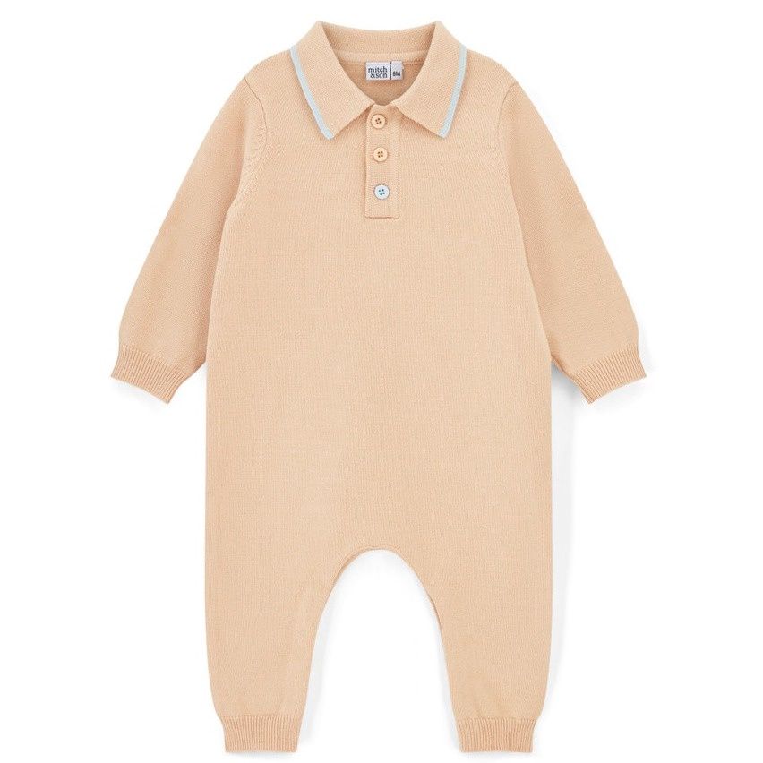 Mitch &amp; Son Mini Boys Beige Knitted Polo Romper with Logo