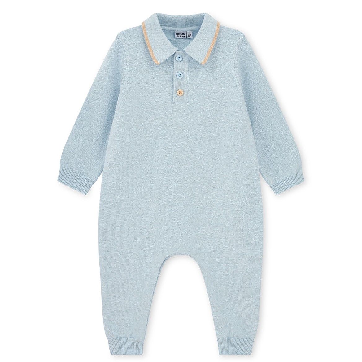 Mitch &amp; Son Mini Boys Blue Knitted Polo Romper with Logo