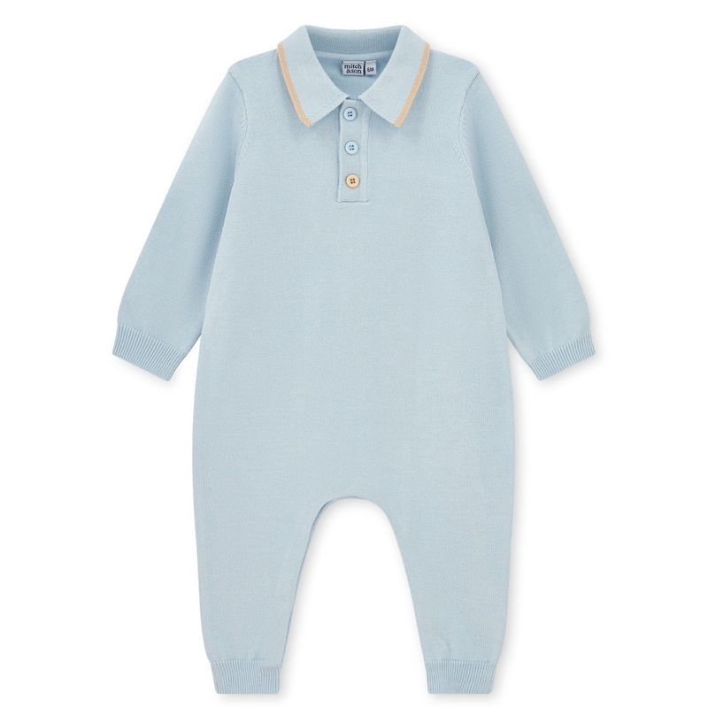 Mitch &amp; Son Mini Boys Blue Knitted Polo Romper with Logo