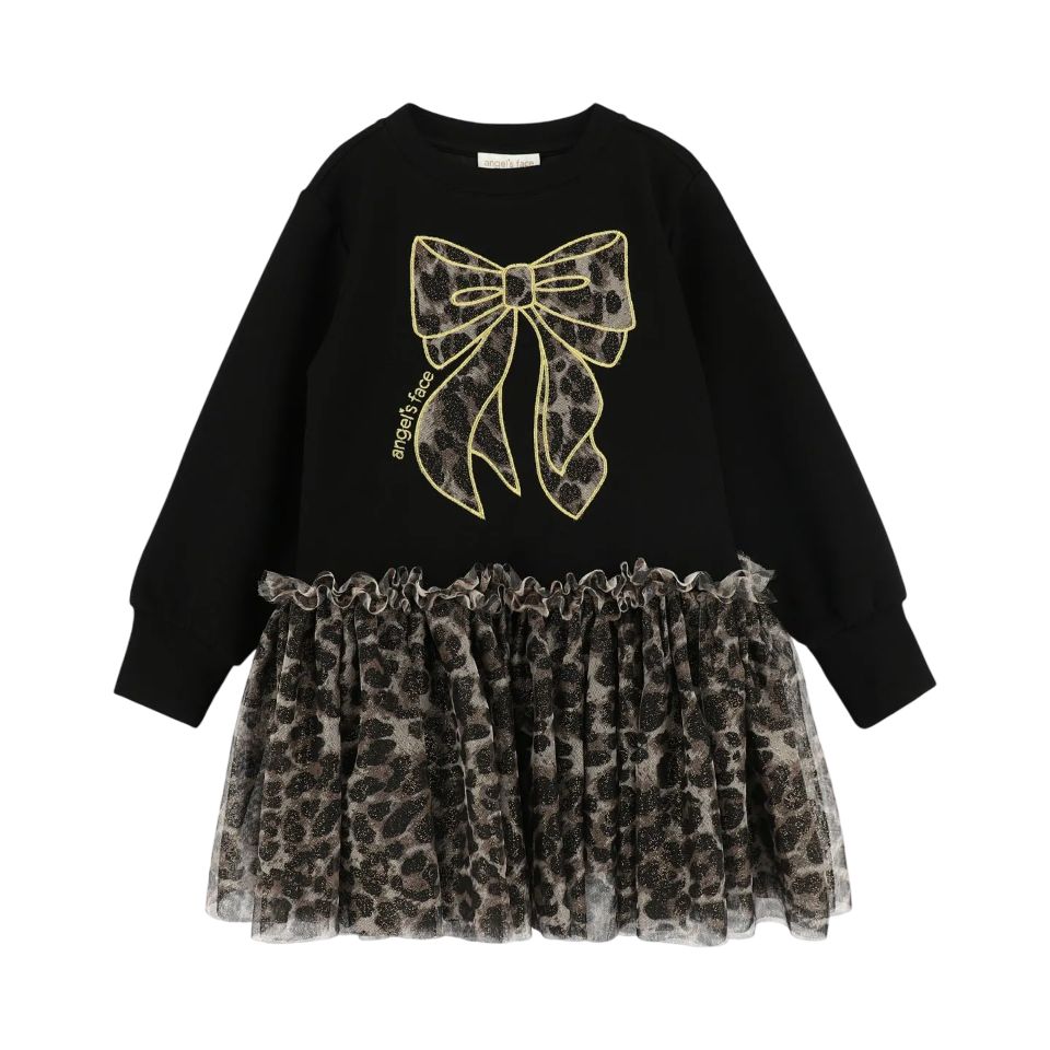 Angels Face Meisjes Jurk Juniper Sweatdress Leopard Tulle Bow Zwart