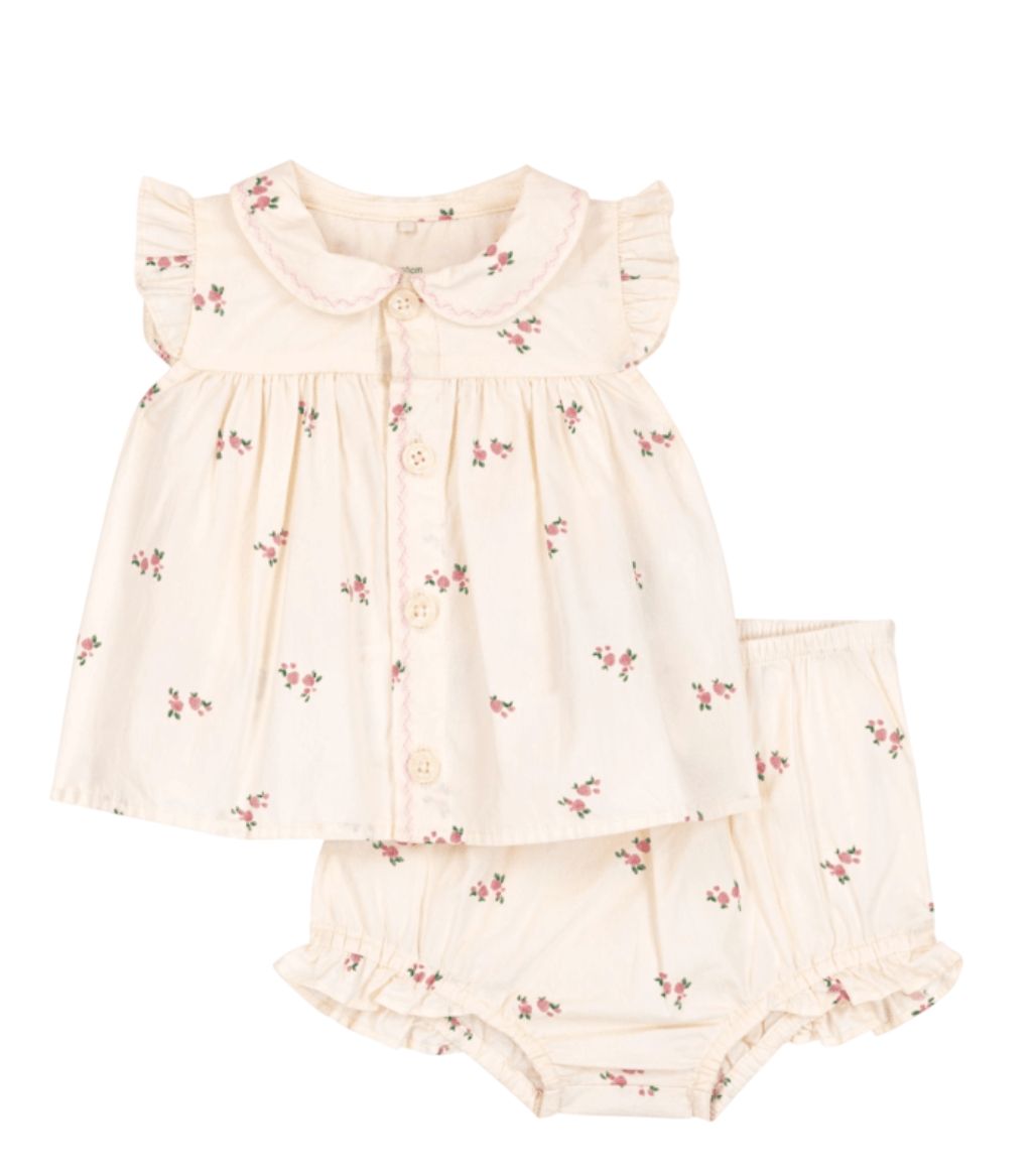 Petit Bateau Tweedelig katoenen babysetje met een bloesje en pofbroekje met bloemenprint