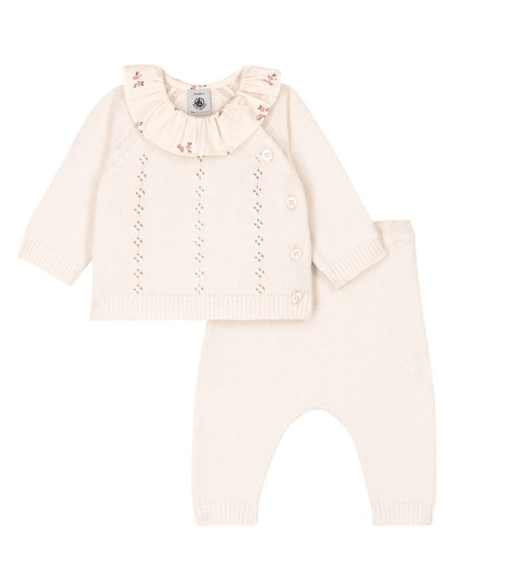 Petit Bateau Tweedelig babysetje van wol en katoen met fleurig kraagje