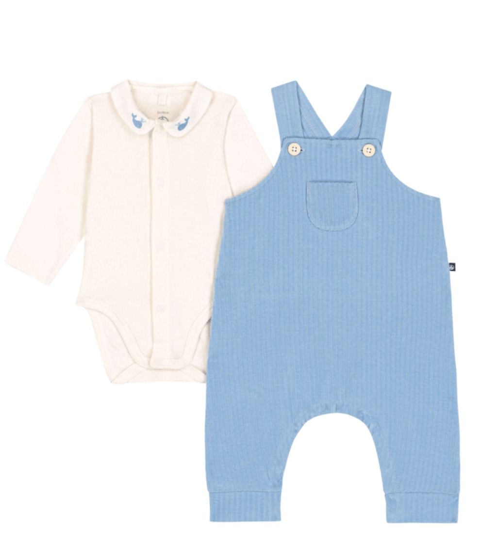 Petit Bateau Effen katoenen babysetje met salopette/rompertje verfraaid met geborduurde details