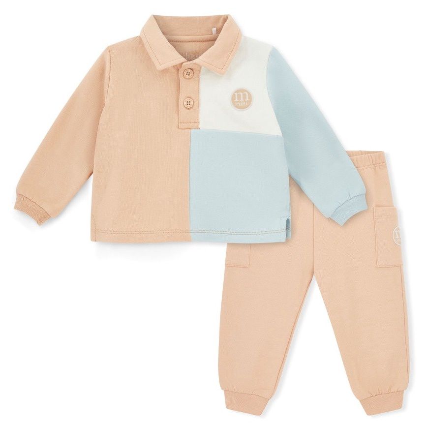 Mitch &amp; Son Mini Boys Beige/Blue/White Cut 'n' Sew Polo Tracksuit with Logo