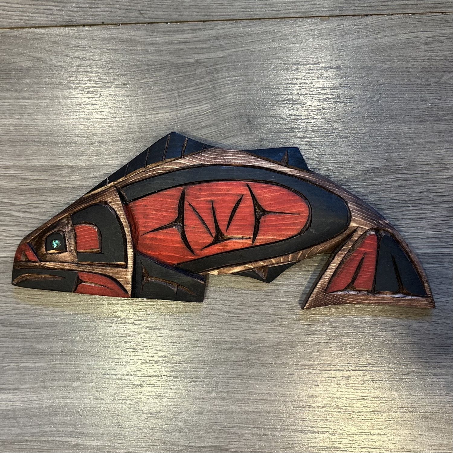 Salmon Carving with Abalone Eye - Carver: Connie Edwards