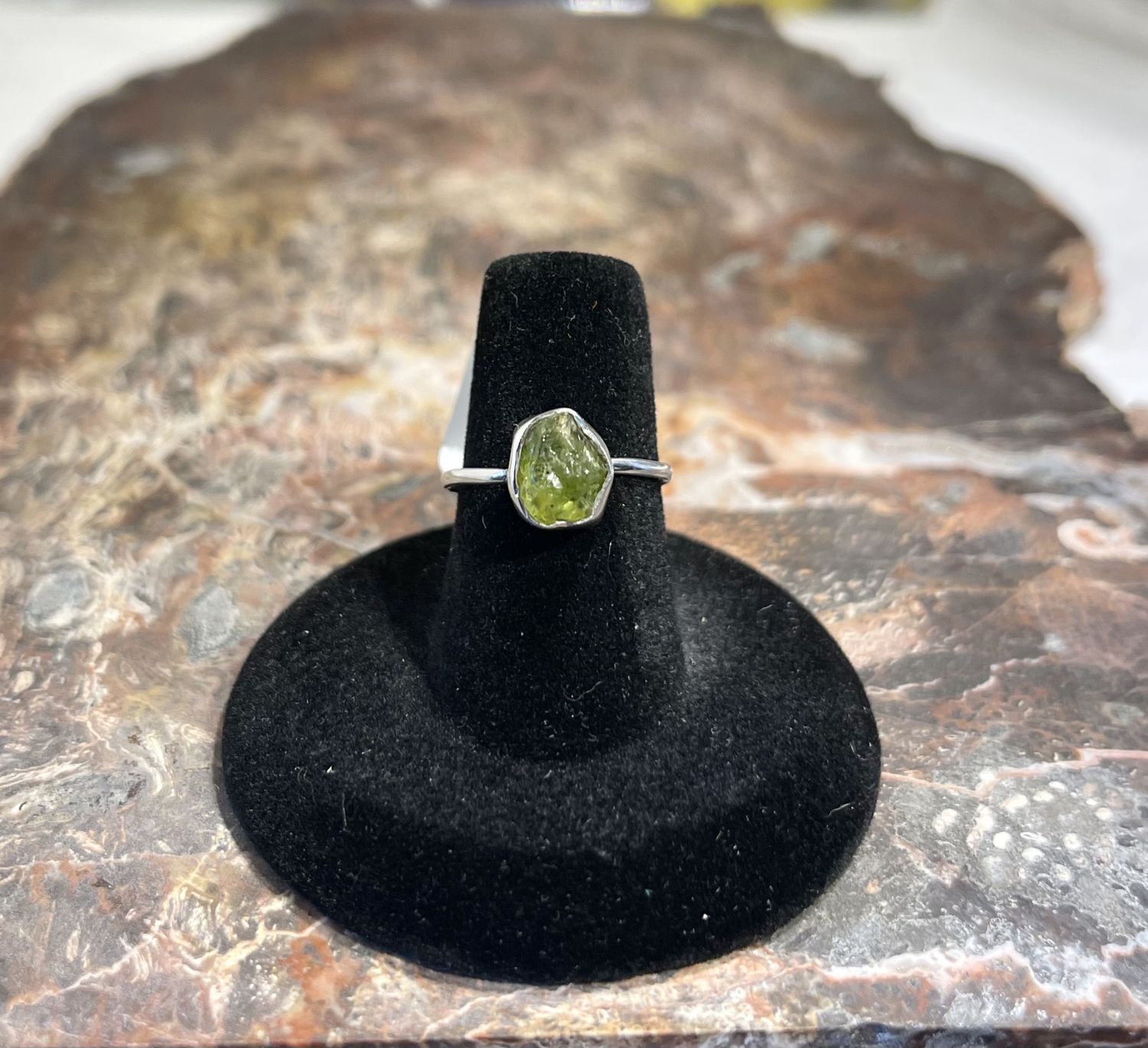 Rough Cut Green Peridot  .925 Sz 6.5