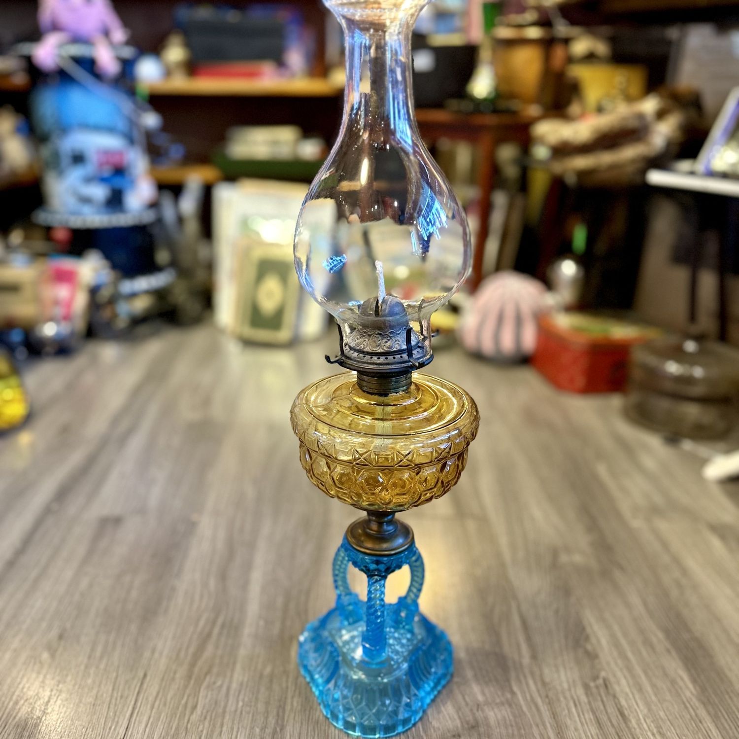 Antique Amber and Blue Cathedral Kerosene Lamp