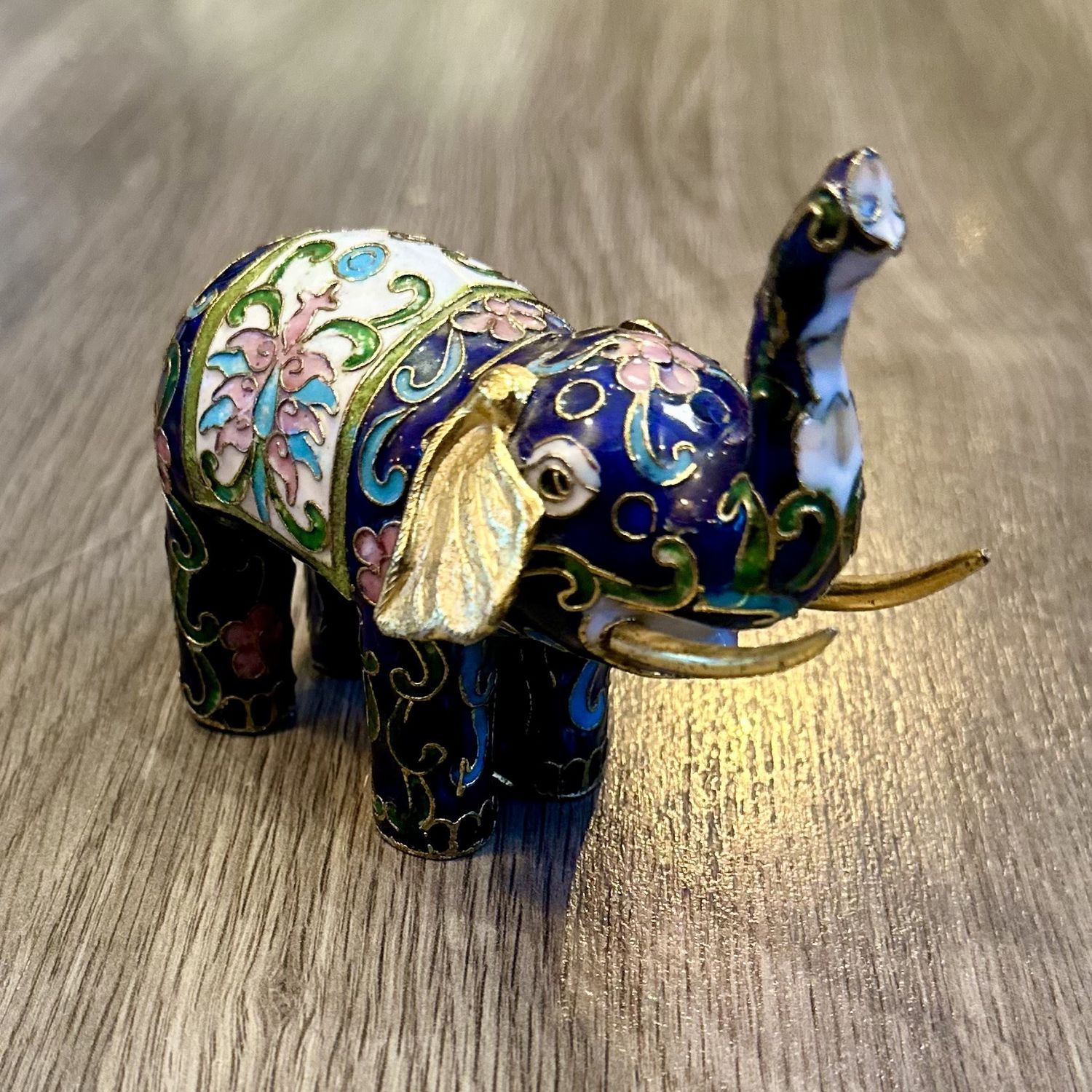 Cloisonne Blue Floral Elephant Figurine Brass Ears Tusk Up Good Luck
