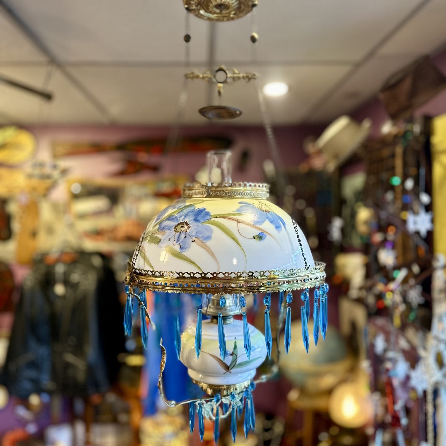 Antique Victorian Hanging Parlor Lamp with Blue Floral shade &amp; Crystals
