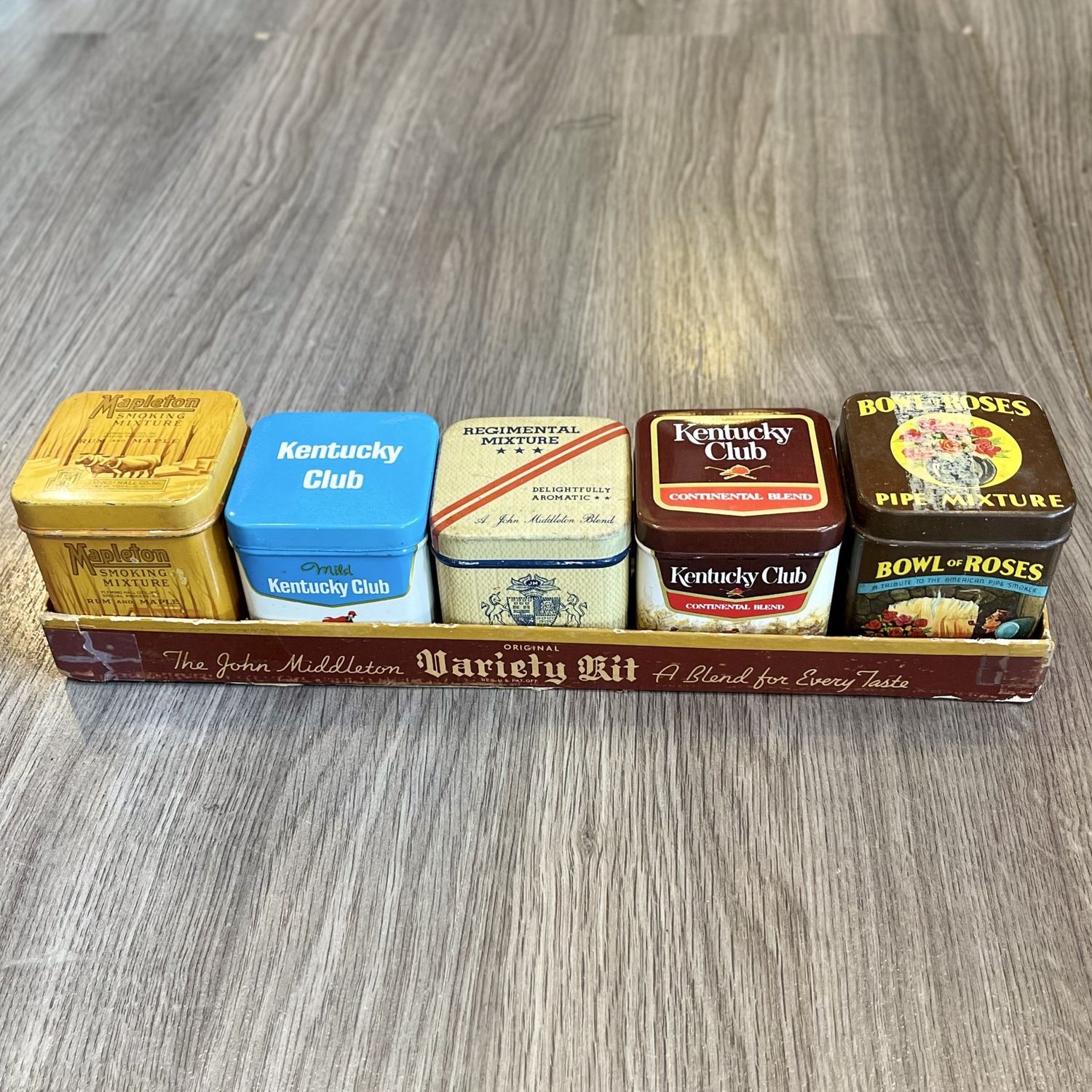5 Small Vintage Tobacco Tins in a display box (Empty Tins)