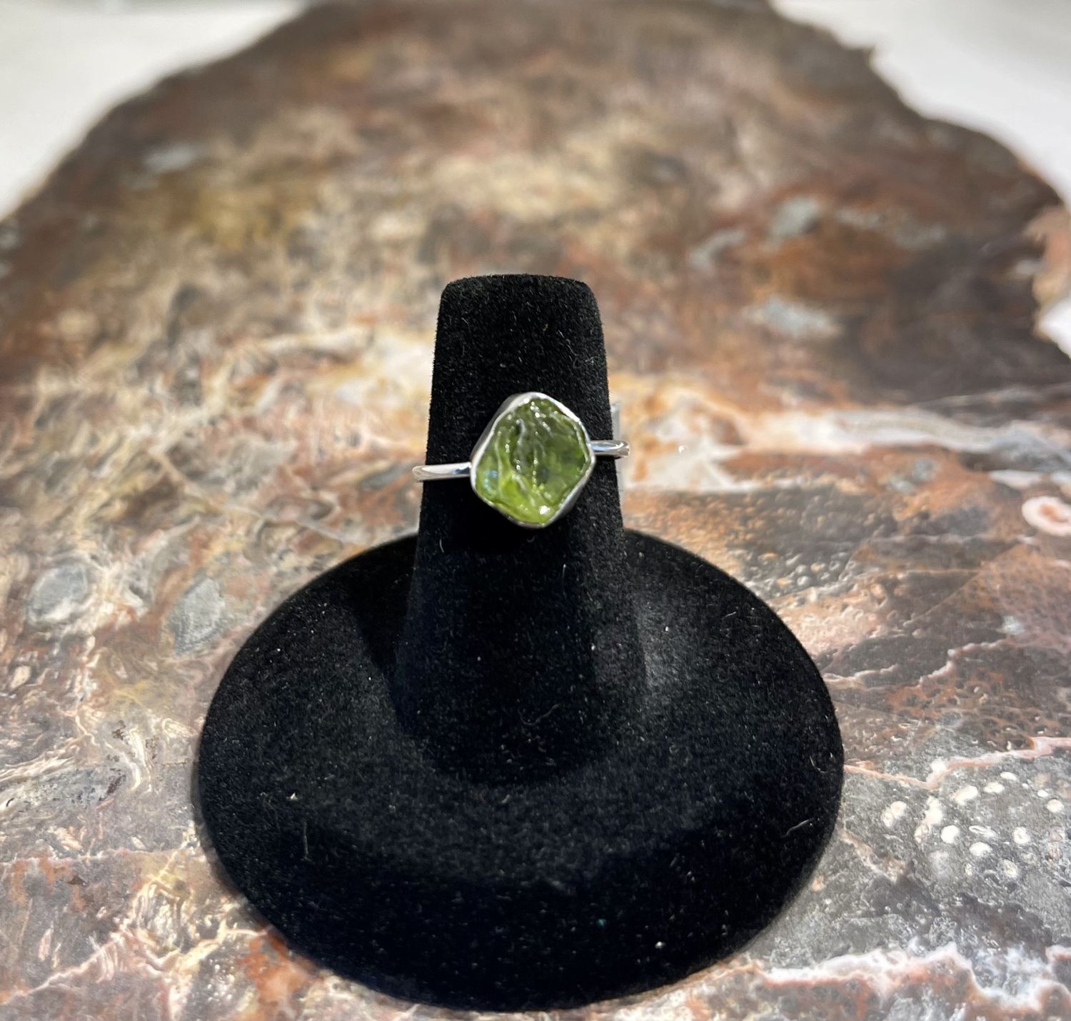 Rough Cut Green Peridot  .925 Sz 6
