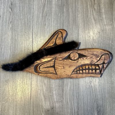 Aboriginal Carving Wolf with wolf fur accent - Carver: Eric Amos