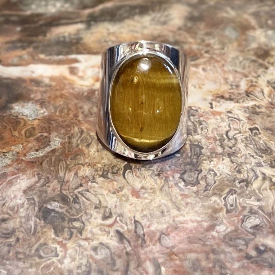 Wide Band Tigers Eye Ring .925 Sz13