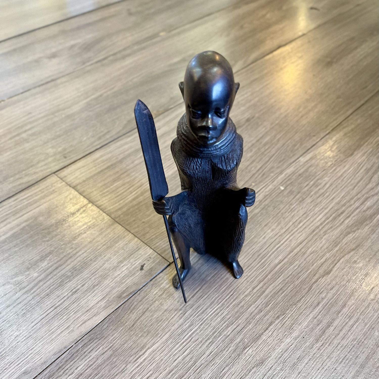 African Tribal Person with Spear Hand Carved Wood
