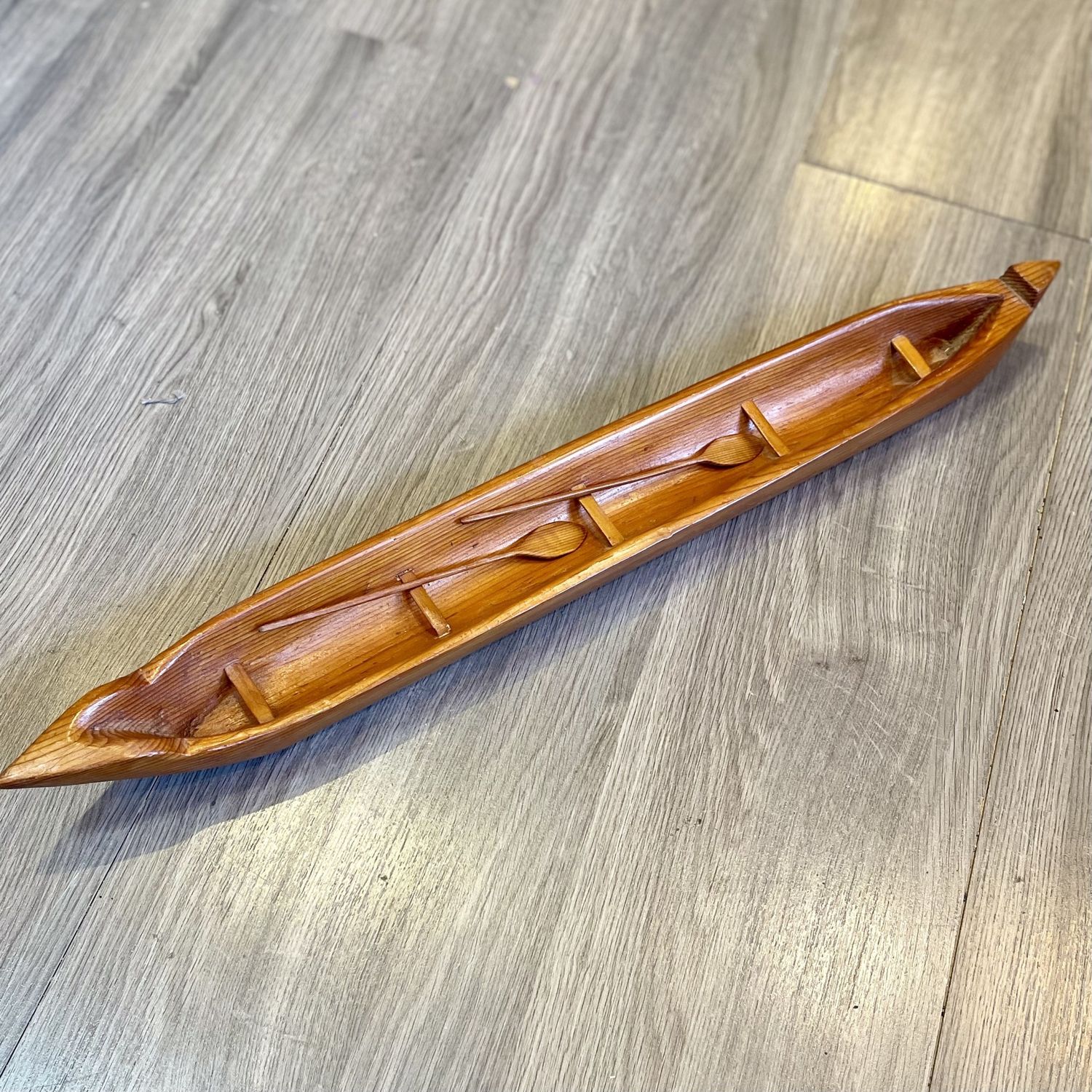 Wooden Canoe Carving with two Paddles