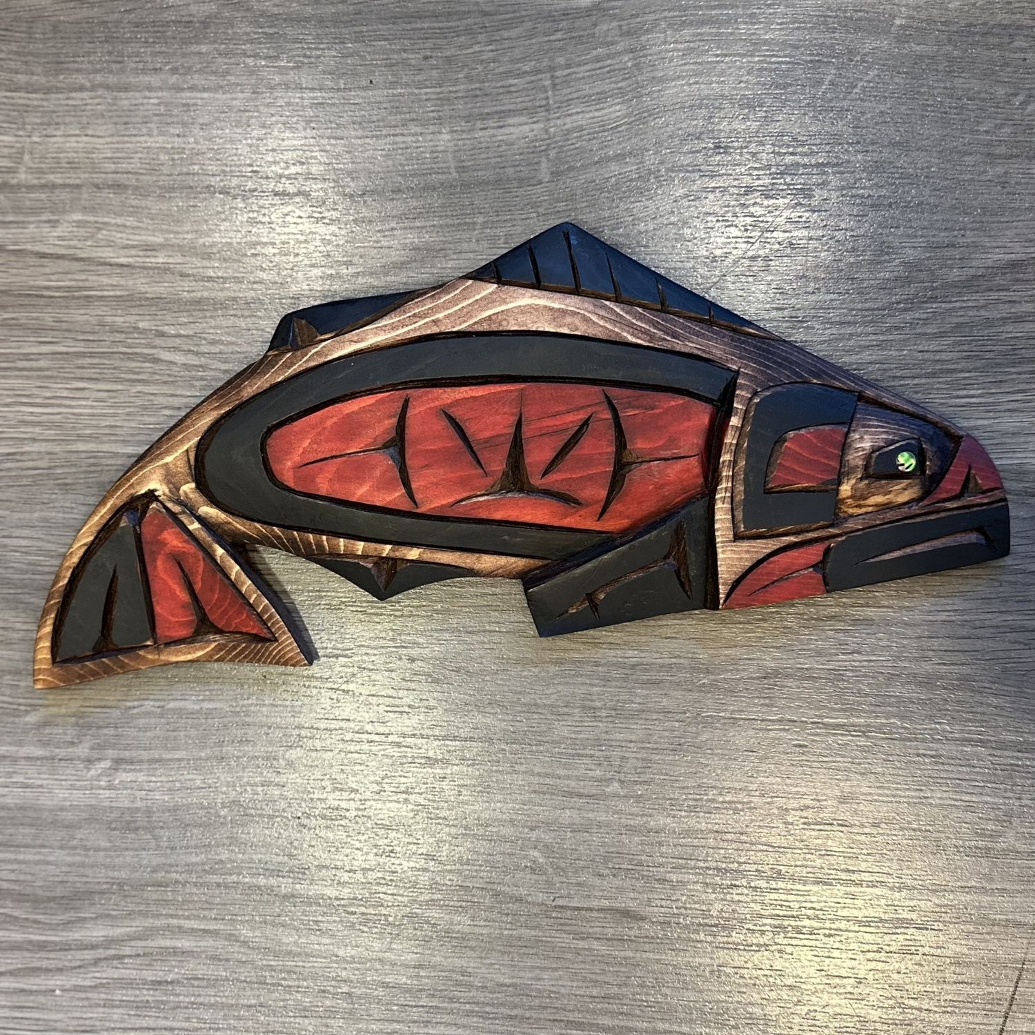 Salmon Carving with Abalone Eye - Carver: Connie Edwards