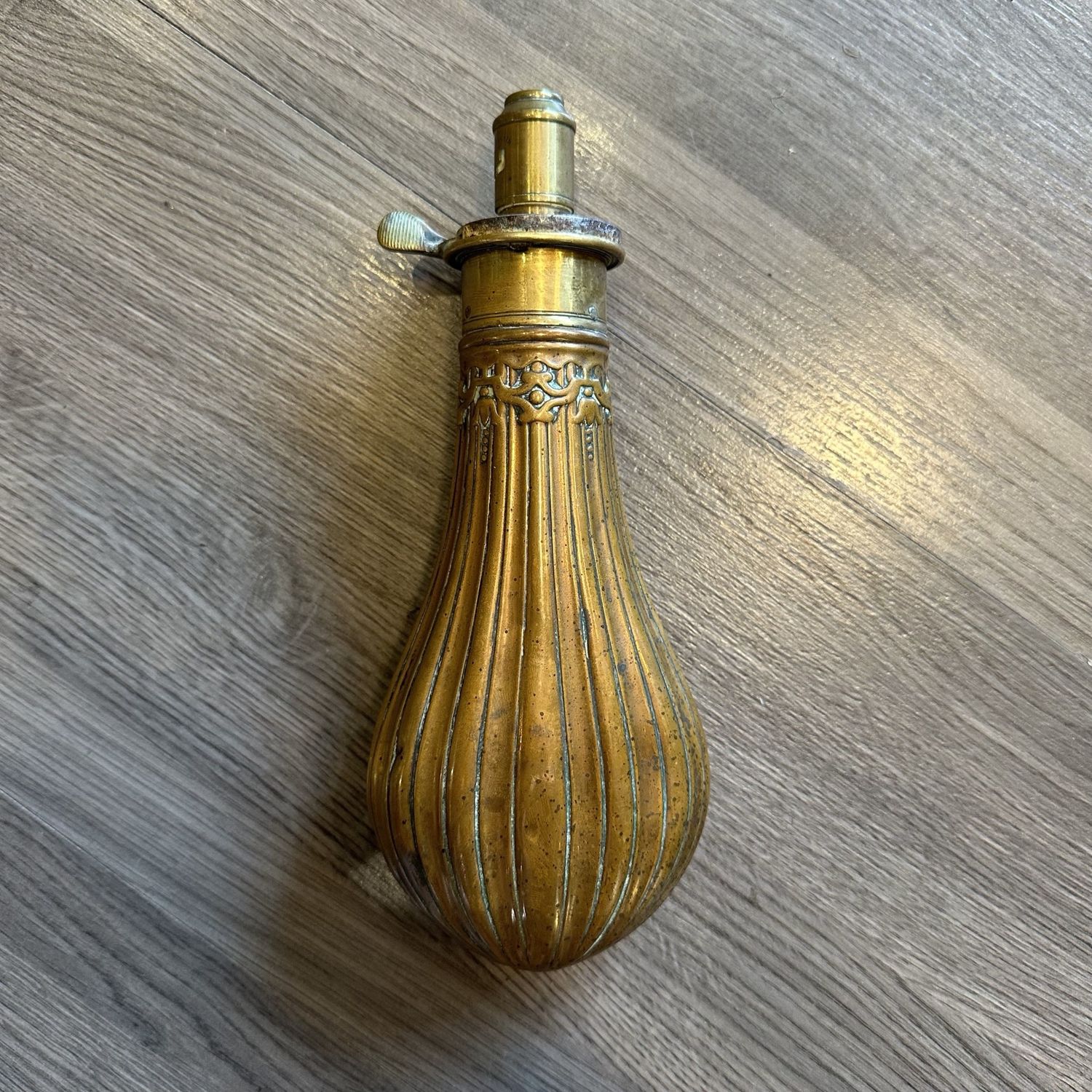 19th Century Embossed English Gunpowder Flask - Signed Hawksley Sheffield