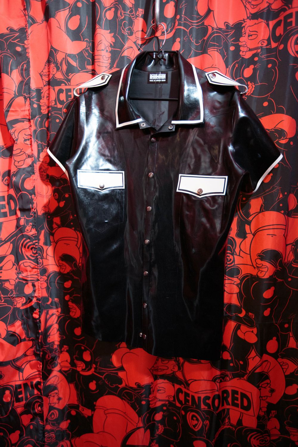 Regulation black latex short sleeve collared top XL