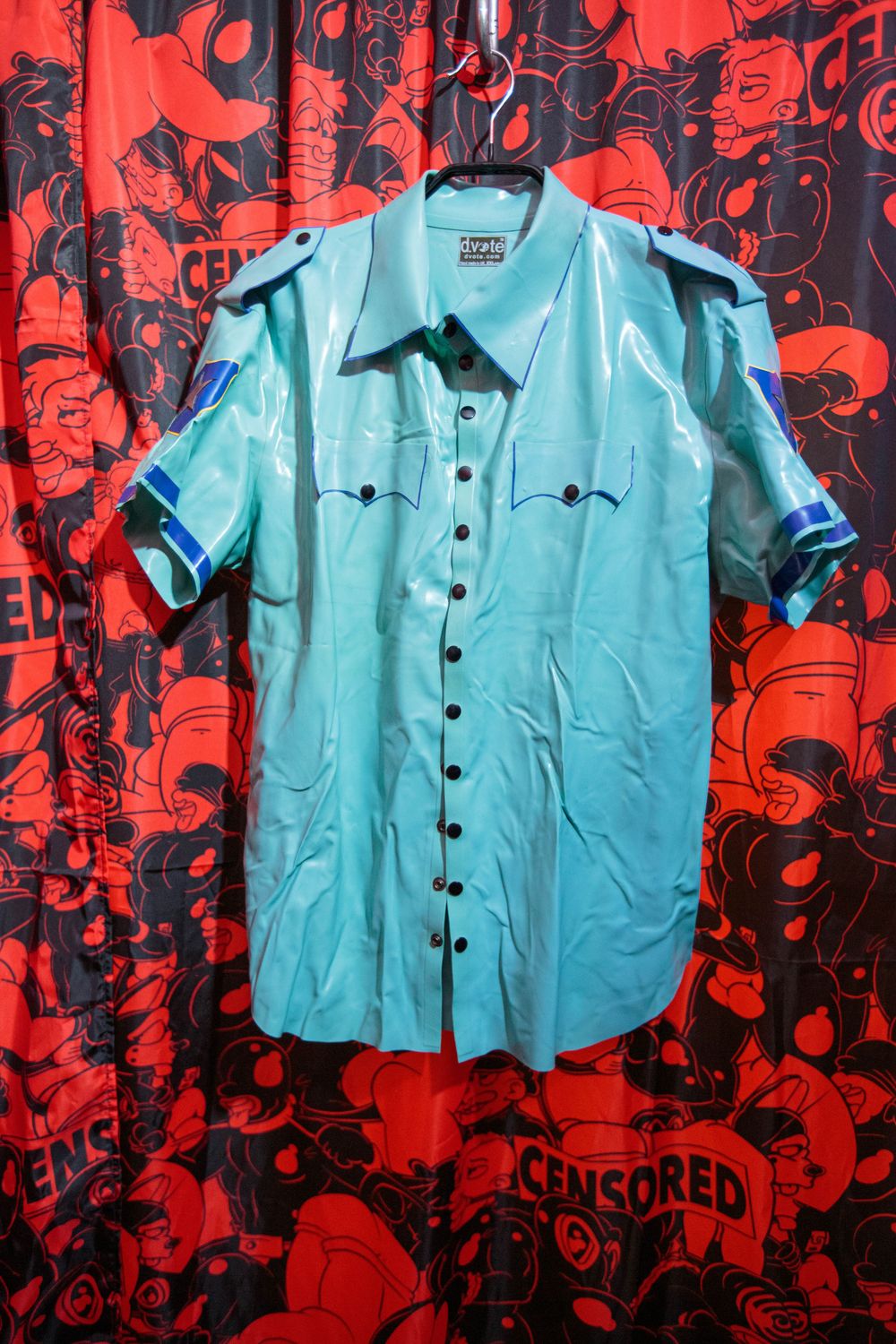 Dvote blue latex short sleeve collared top XXL