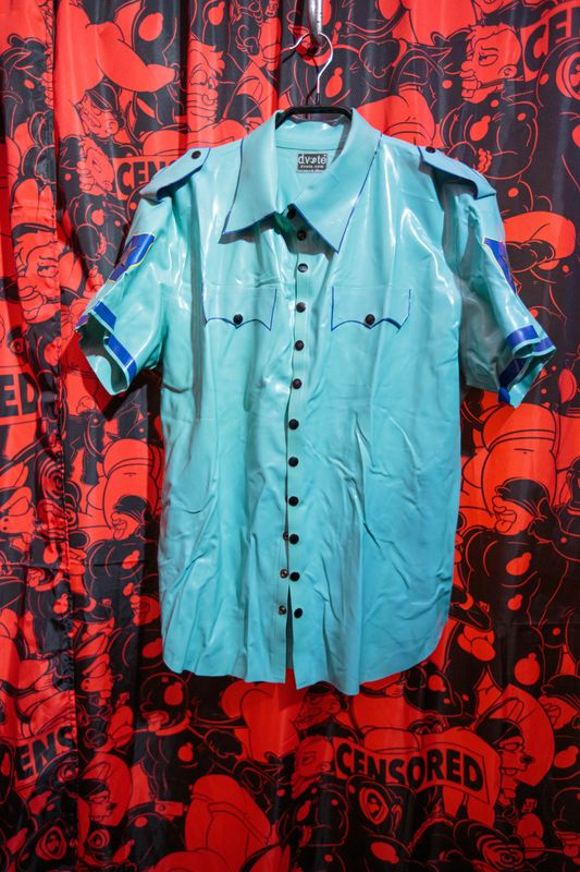 Dvote blue latex short sleeve collared top XXL