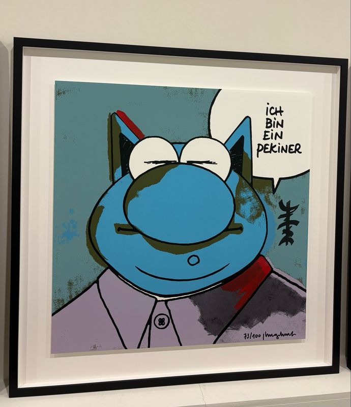 Geluck, Le Chat, 4 sérigraphies encadrées, Hommage à Warrhol, 100 ex, 4 x 90 x 90 cm.