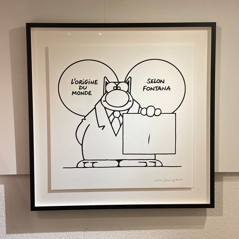Geluck, Le Chat, Sérigraphie encadrée, L’origine du monde selon Fontana, 100 ex, 90 x 90 cm.