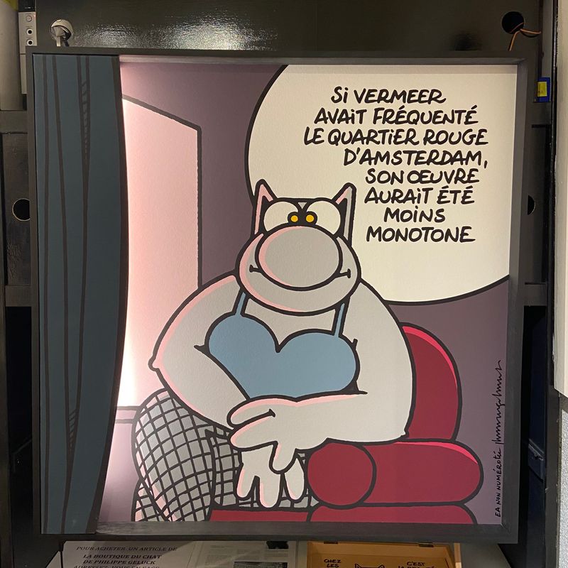 GELUCK, Le Chat, Sérigraphie, cadre éclairé, Vermeer, 50 ex, 81 x 81 cm.