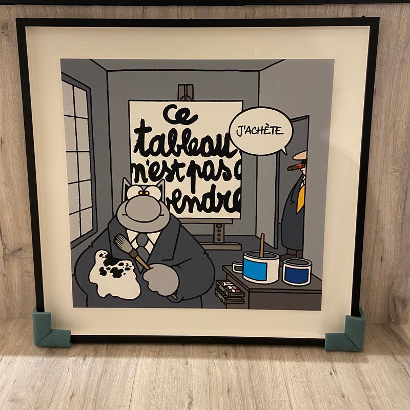 Geluck, Le Chat, Sérigraphie encadrée, J’achète, 100 ex, 90 x 90 cm.