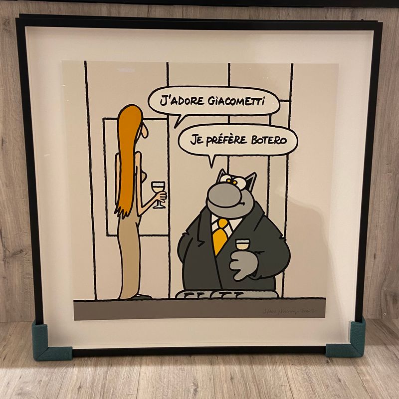 Geluck, Le Chat, Sérigraphie encadrée, Giacometti et Botero, 100ex, 90 x 90 cm.