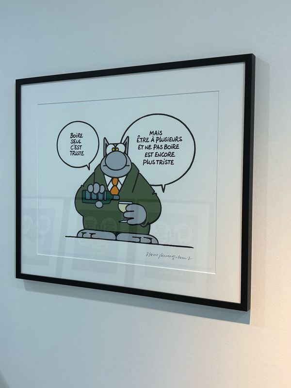 Geluck, Le Chat, Sérigraphie encadrée, Buvons un coup, 400 ex, 63 x 53 cm.