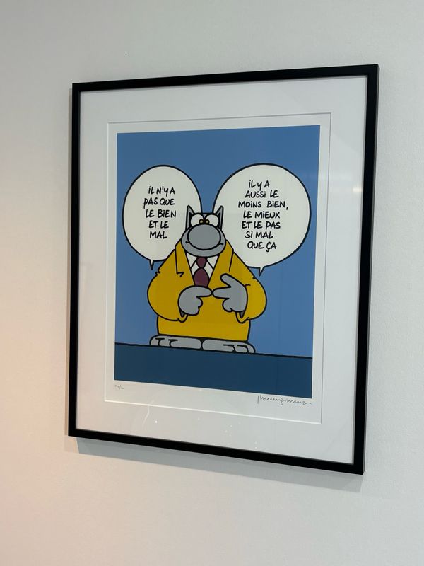 Geluck, le Chat, Sérigraphie encadrée, Le bien et le mal, 400 ex, 63 x 53 cm.
