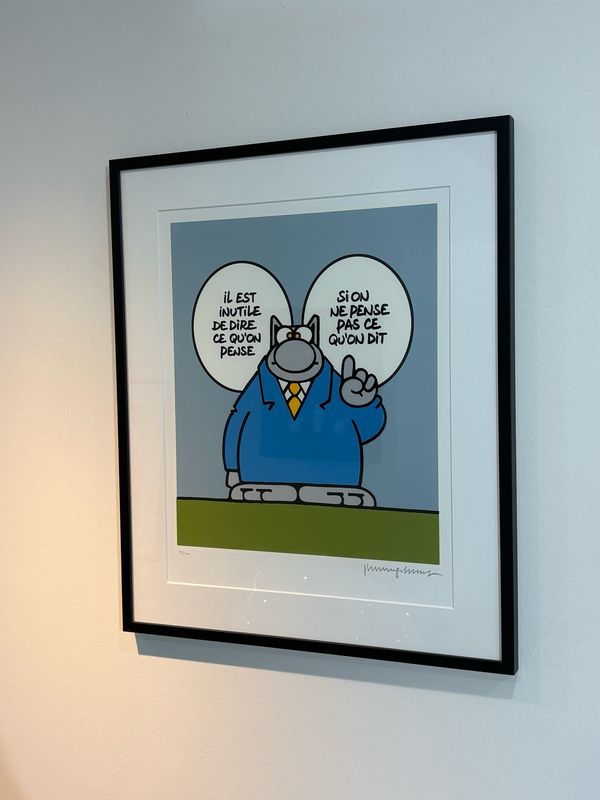 Geluck, le Chat, Sérigraphie encadrée, Une pensée utile, 400 ex, 63 x 53 cm.