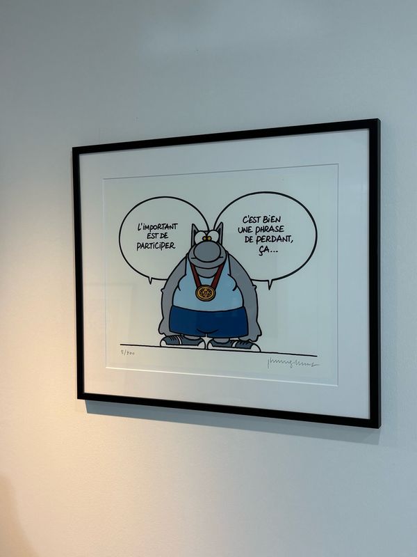 Geluck, Le Chat, Sérigraphie encadrée, L’important est de participer, 400 ex, 63 x 53 cm.
