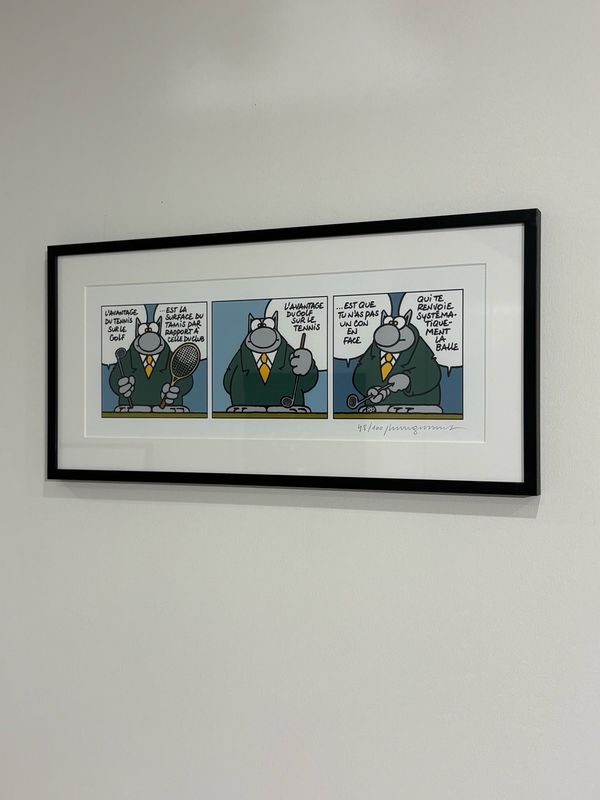 Geluck, Le Chat, Sérigraphie encadrée, Golf et Tennis, 32 x 66 cm.