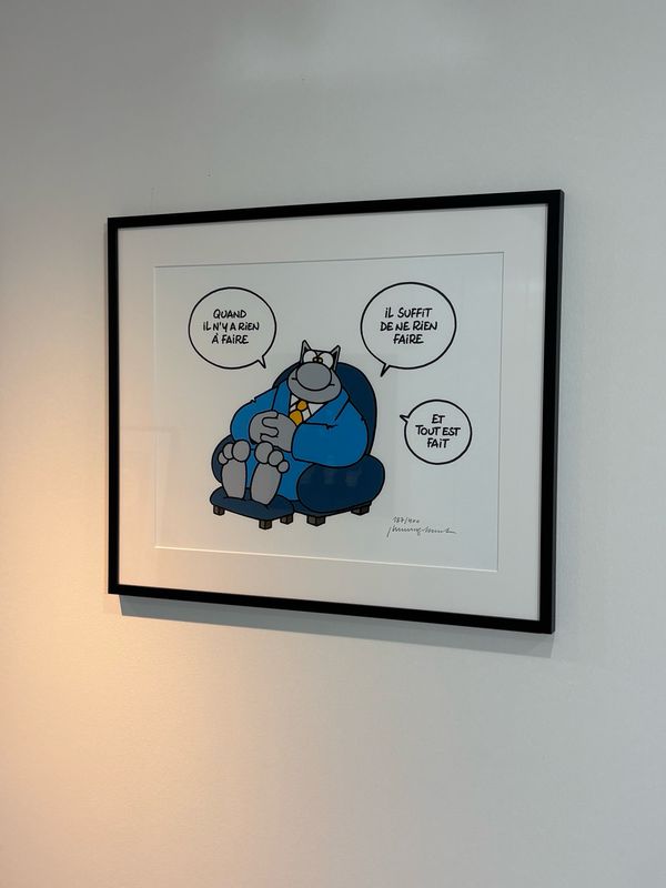 Geluck, le Chat, Sérigraphie encadrée, Rien à faire, 400 ex, 63 x 53 cm.