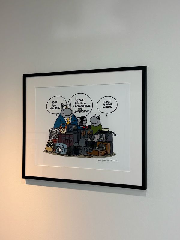 Geluck, Le Chat, Sérigraphie encadrée, Le Smartphone, 400 ex, 63 x 53 cm.