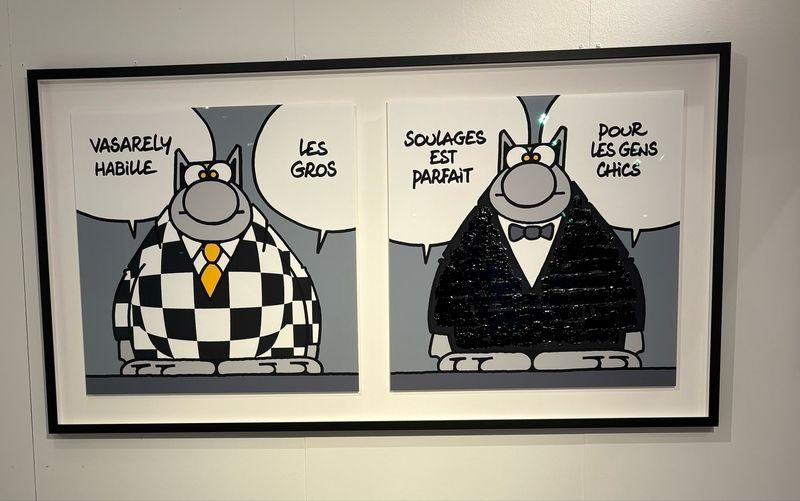 Geluck, Le Chat, 2 sérigraphies encadrées, Vasarely et Soulages, 100 ex, 145 x 77 cm.