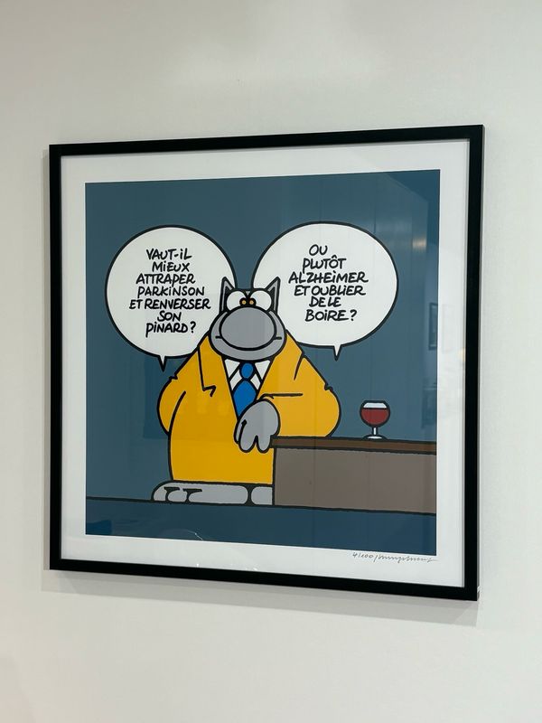 Geluck, Le Chat, Digigraphie encadrée, Parkinson et Alzheimer, 100 ex, 73 x 73 cm.
