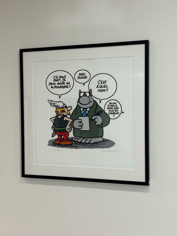 Geluck, Le Chat, Sérigraphie encadrée, Astérix dédicace, 400 ex, 63 x 63 cm.